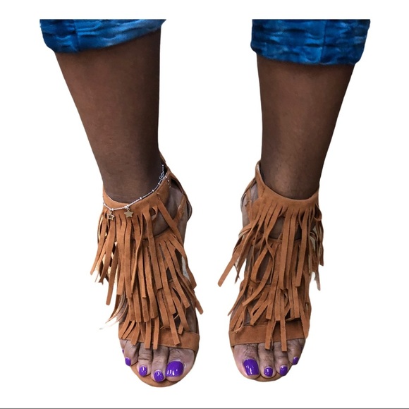 Anne Michelle Shoes - Anne Michelle Tan Falling Fringe Open Toe Heel